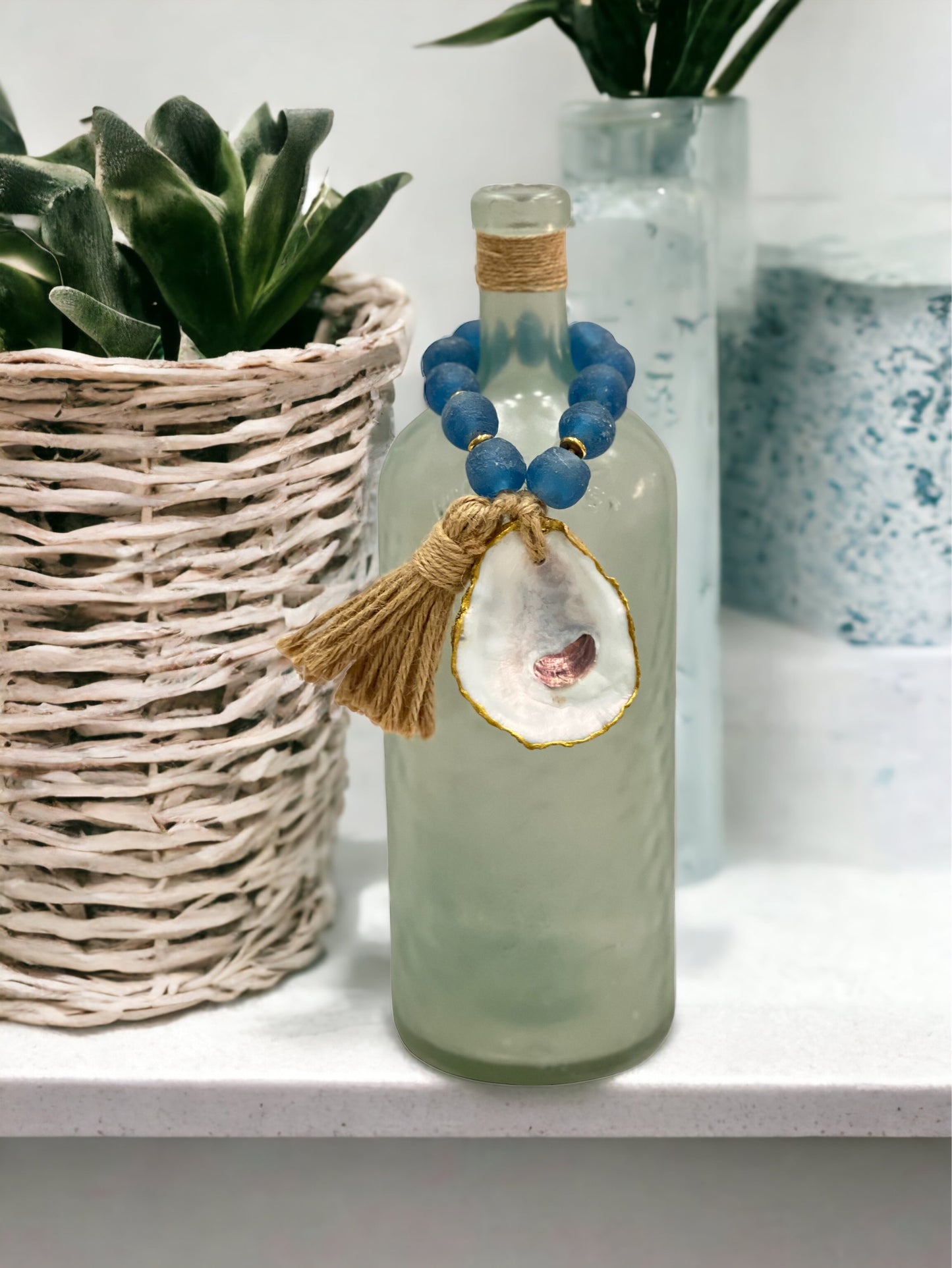 Wine Bottle Topper-Cobalt Blue Sea Glass/Natural Finish/Tassel