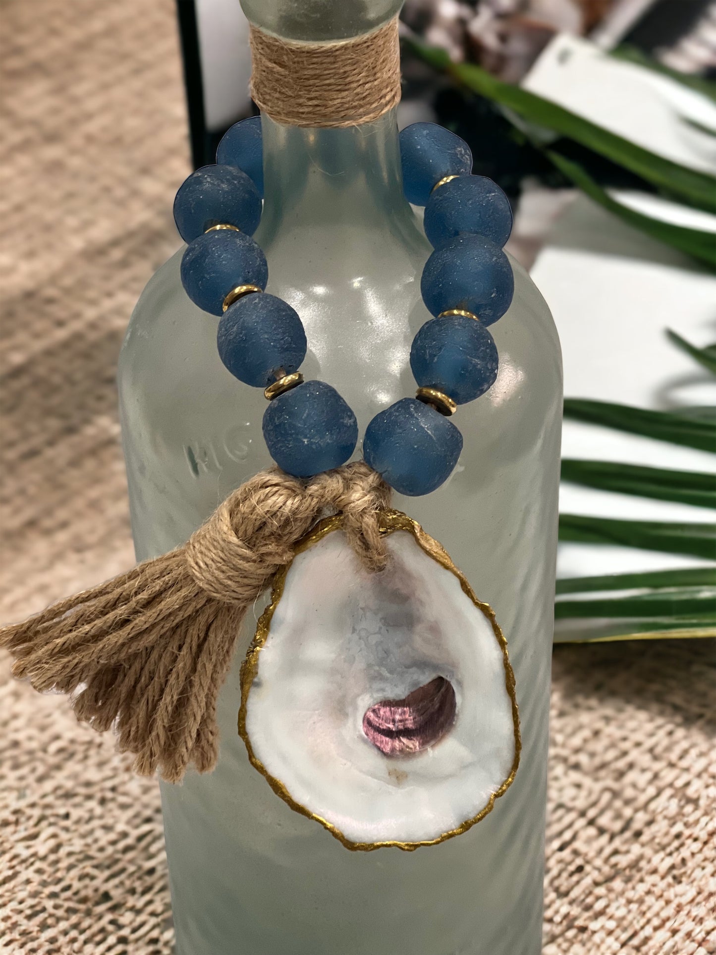 Wine Bottle Topper-Cobalt Blue Sea Glass/Natural Finish/Tassel
