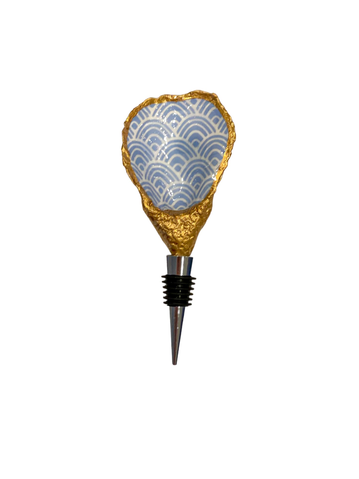 Oyster Shell Wine Stopper- Light Blue Scalloped Print