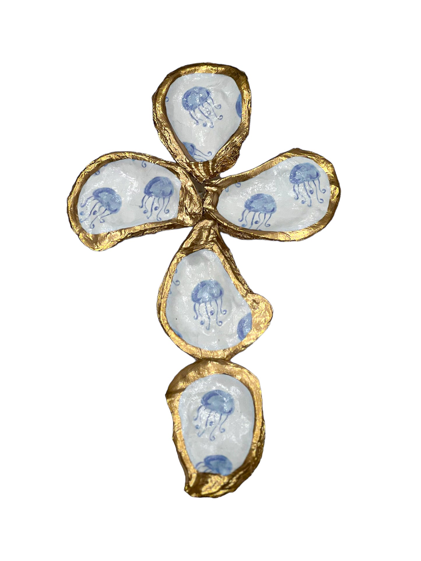 Oyster Shell Cross- Light Blue Jellyfish Print