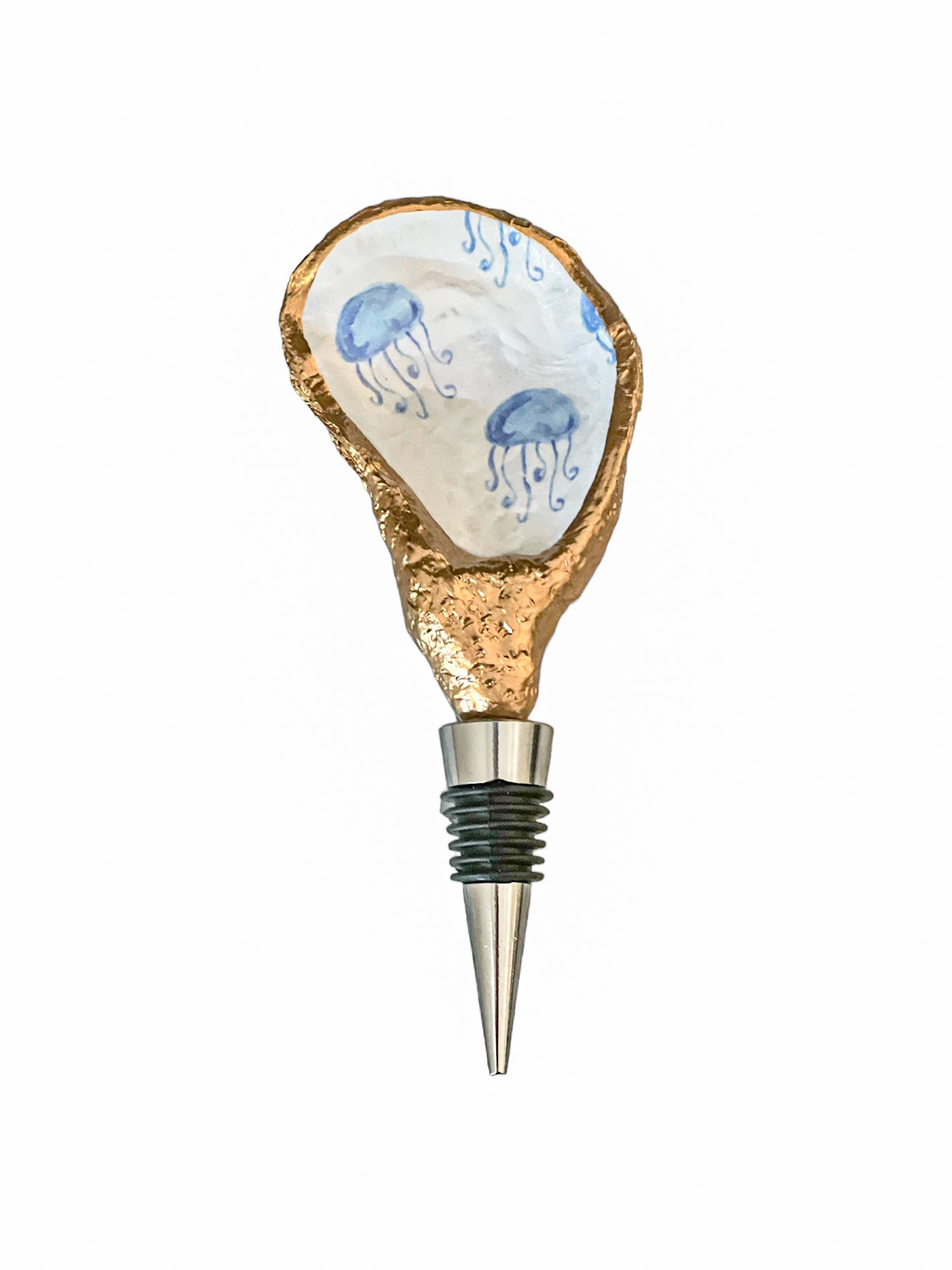 Oyster Shell Wine Stopper- Light Blue Jellyfish Print