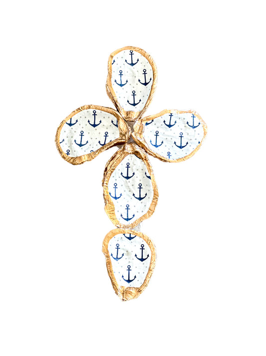 Oyster Shell Cross- Navy Anchor Print