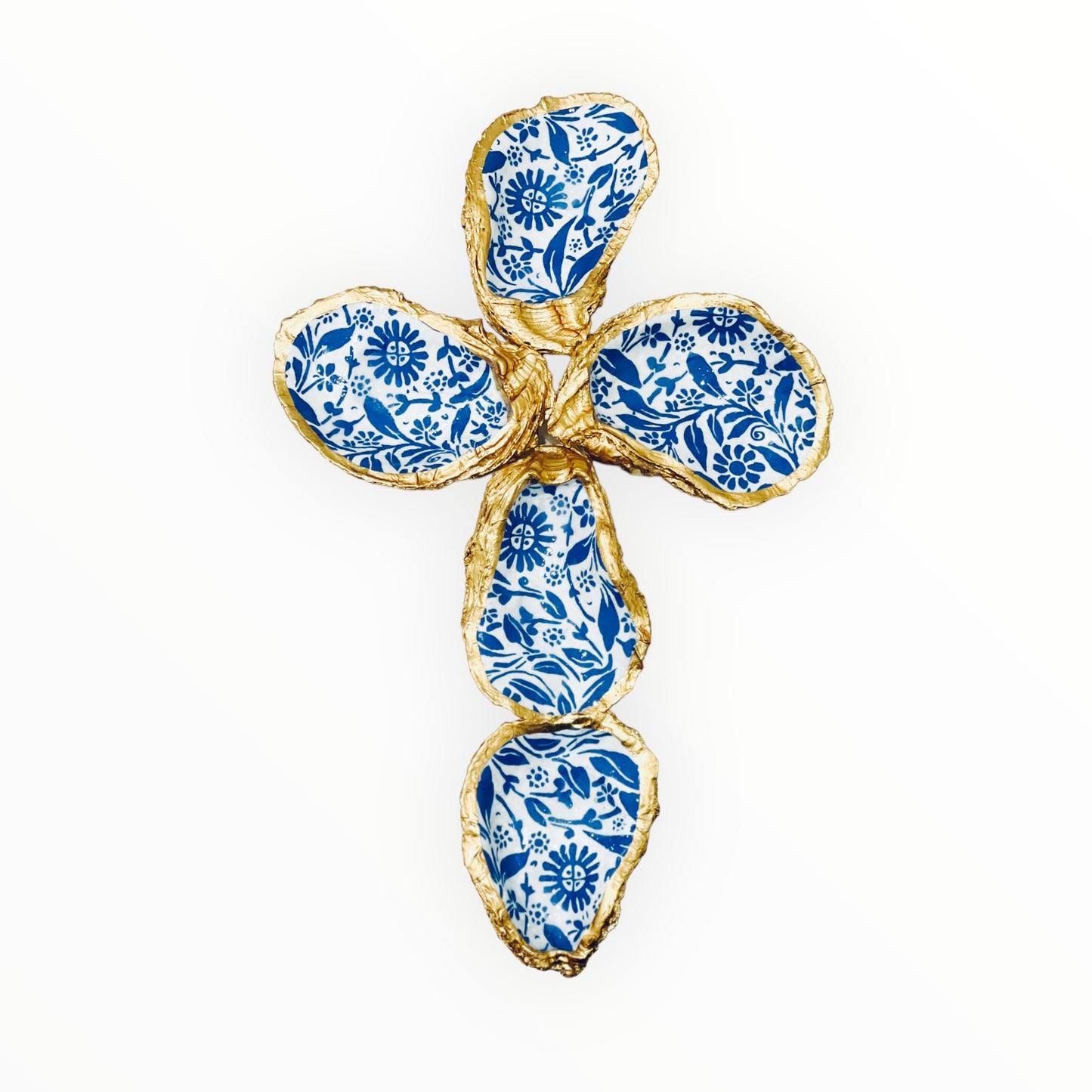 Oyster Shell Cross- Blue & White Floral Print