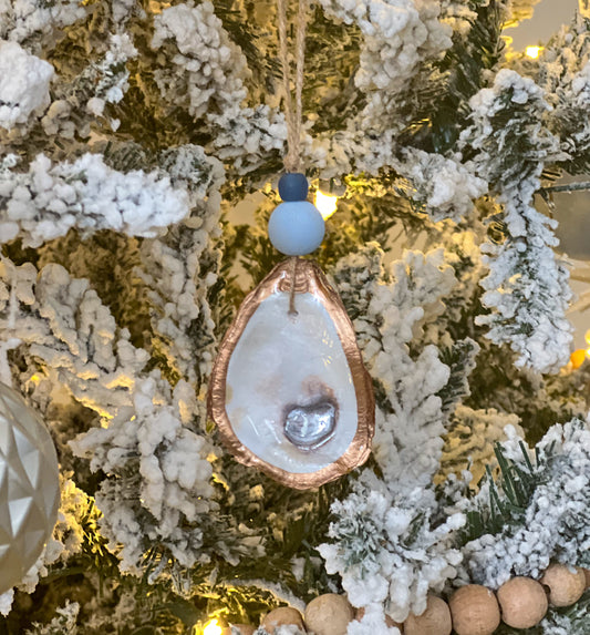 Oyster Shell Ornament- Mother of Pearl Finish w/ Cobalt Blue Sea Glass Bead