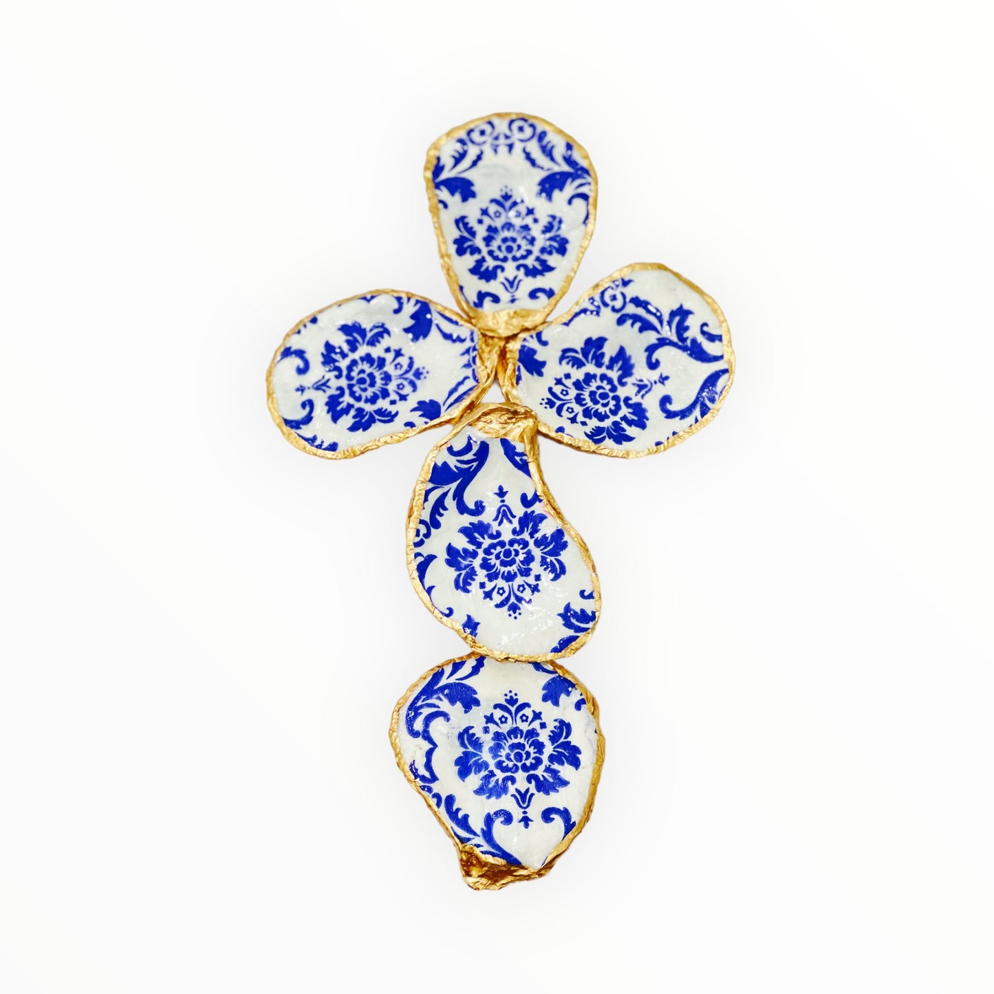 Oyster Shell Cross- Blue & White Chinoiserie Print