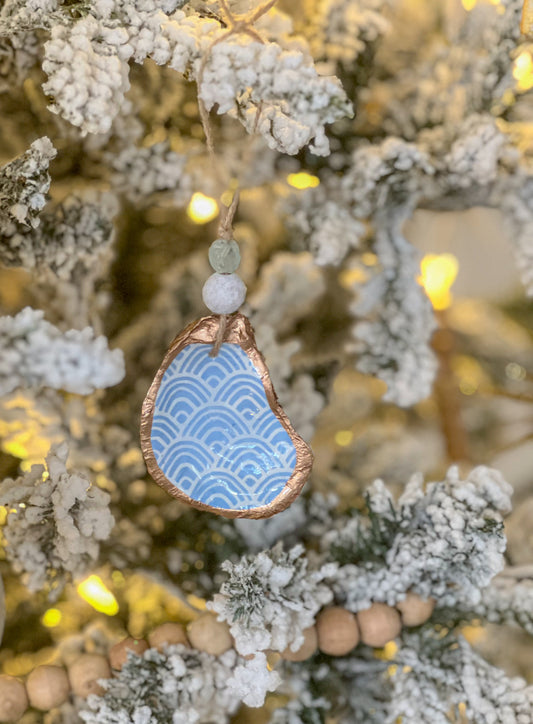 Oyster Shell Ornament- Light Blue & White Scallop Print