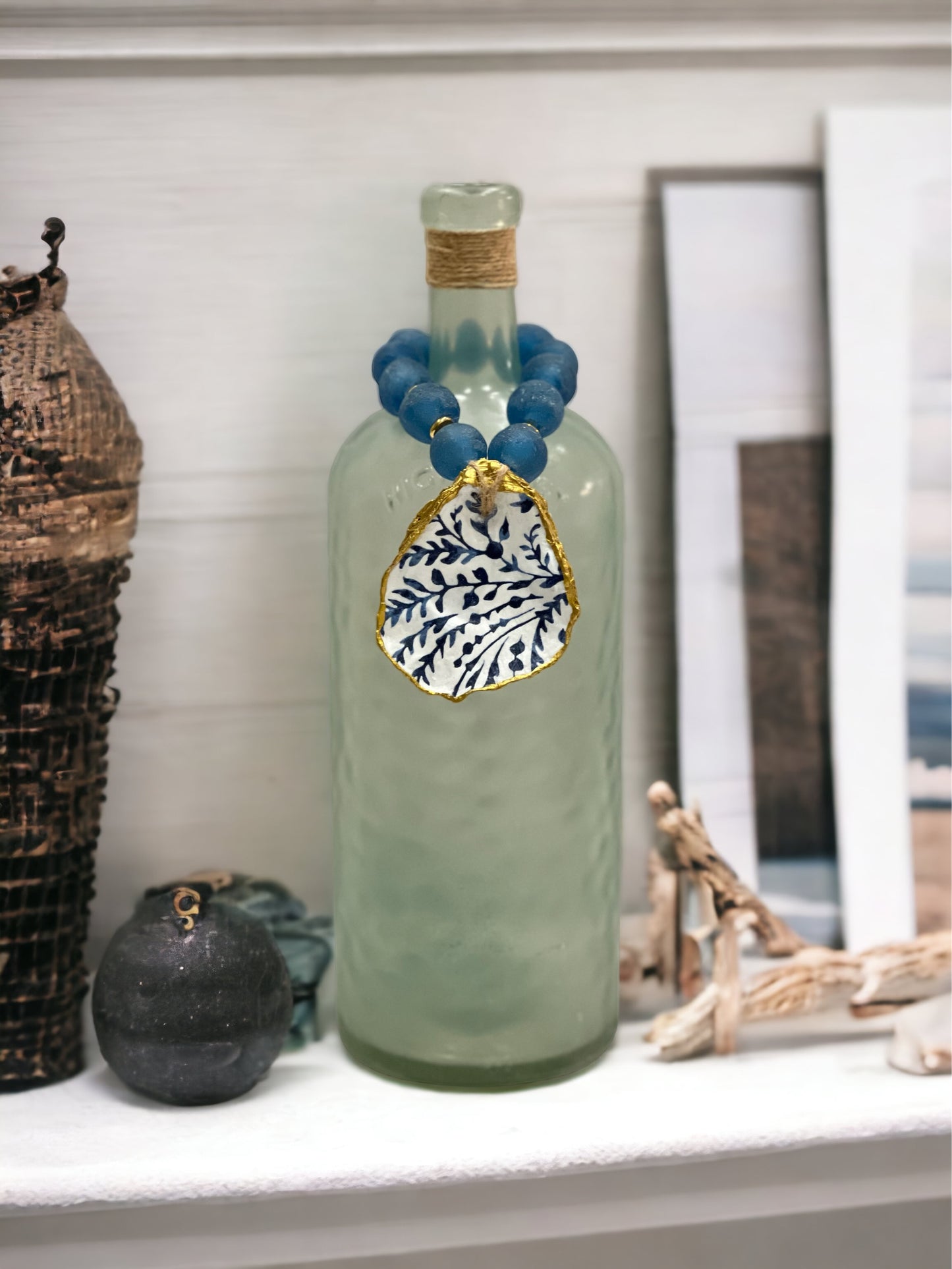 Wine Bottle Topper-Cobalt Blue Sea Glass/ Navy Serena & Lily Inspired Print