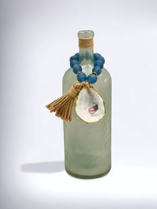 Wine Bottle Topper-Cobalt Blue Sea Glass/Natural Finish/Tassel