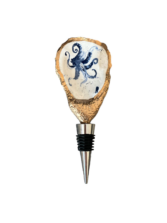 Oyster Shell Wine Stopper- Blue Sea Life/ Octopus Print