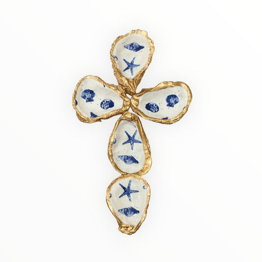 Oyster Shell Cross-Blue Seashell Print