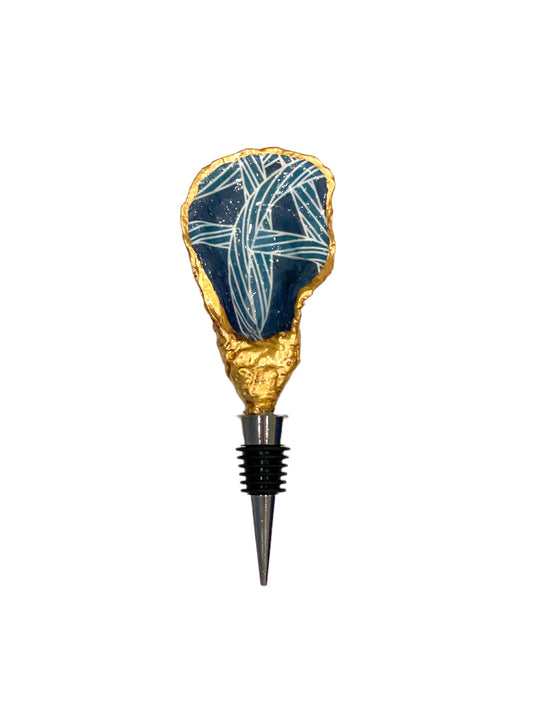 Oyster Shell Wine Stopper- Navy Nautical Rope Print