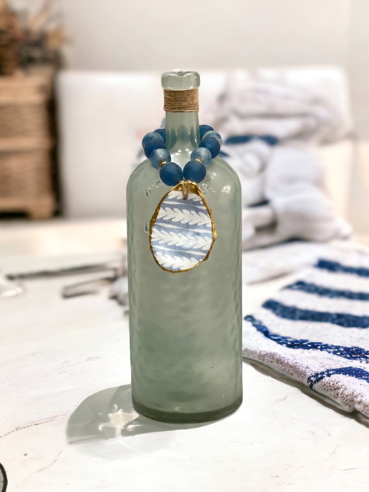 Wine Bottle Topper-Cobalt Blue & Sea Foam Green Sea Glass/ Light Blue Serena & Lily Inspired Print