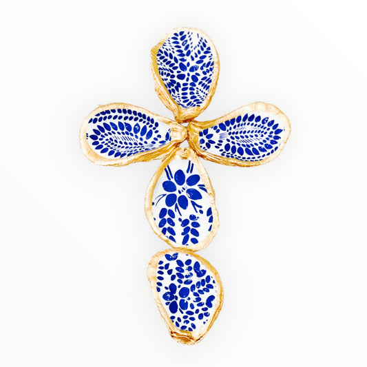 Oyster Shell Cross- Blue & White Abstract Floral Print