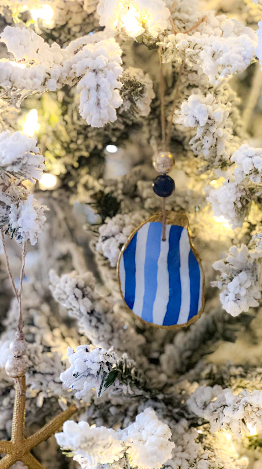 Oyster Shell Ornament-Blue & White Stripes Print