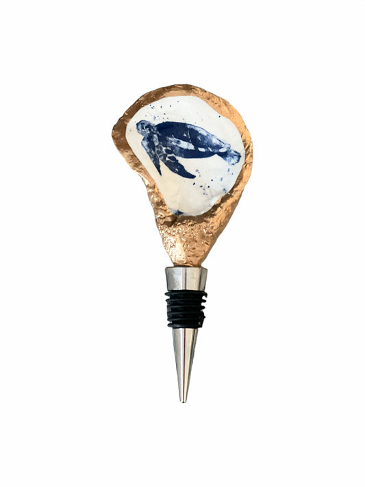 Oyster Shell Wine Stopper- Blue Sea Life/ Turtle Print